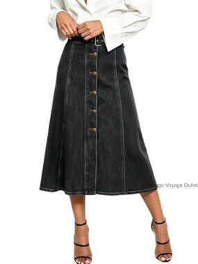 High Waist Denim Midi Skirt A-Line Flared Jean Skirt with Belt